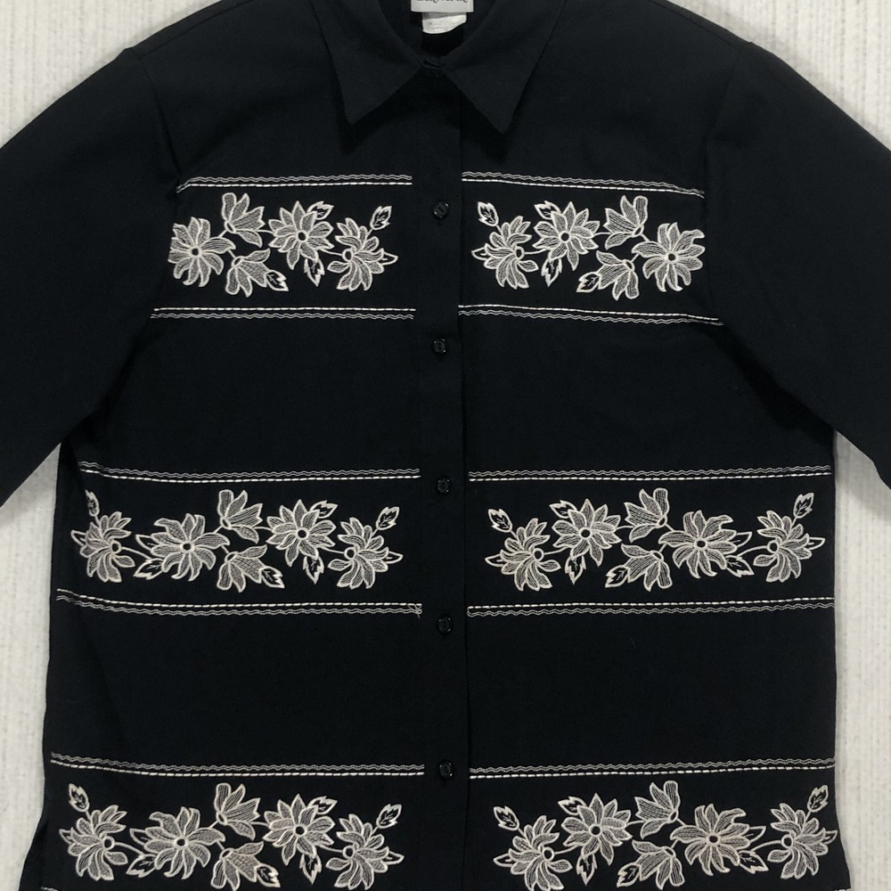BonWorth Womens Black Floral Embroidered Short Sleeve Button Down Shirt Size M